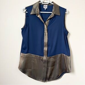 Anne Klein Navy Blue and Metallic Gold Sleeveless Blouse